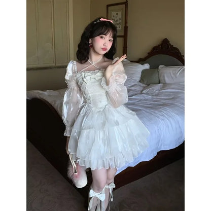 liwuka Japanese Lolita Gentle Sweet Bow Square Neck Women Dress White Mesh Princess Dress Spring/Summer New Puff Sleeve Vestidos