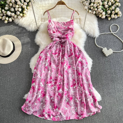 liwuka 2024 New Summer Romantic Floral Print Long Dress Vintage Rose Print High Waist Spaghetti Strap Summer Dress Lady Beach Sundress