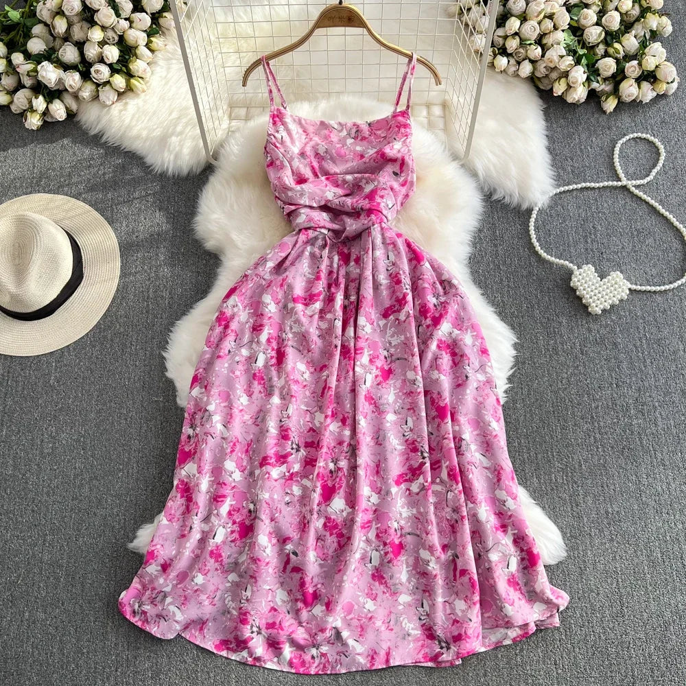 liwuka 2024 New Summer Romantic Floral Print Long Dress Vintage Rose Print High Waist Spaghetti Strap Summer Dress Lady Beach Sundress