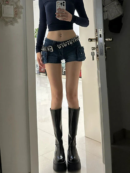 liwuka Woman Casual Hot Slim Pants Low Waist Jean Solid Color Wash shorts Goblin Denim Shorts Y2k Classical Sexy Gyaru Dark Academia