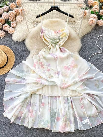 liwuka French Elegant Beach Dress 2024 New Women Sexy Floral Printed Slim Mid Length Ruffled Party Dresses Ladies Summer Long Robe