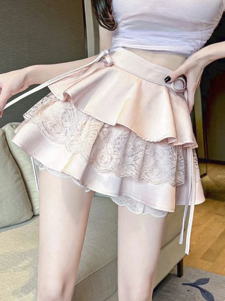 liwuka Summer Pink Sexy Elegant Skirt Women Lace Designer Fashion Party Mini Skirt Female Ruffle Bandage Korean Vintage Skirt New