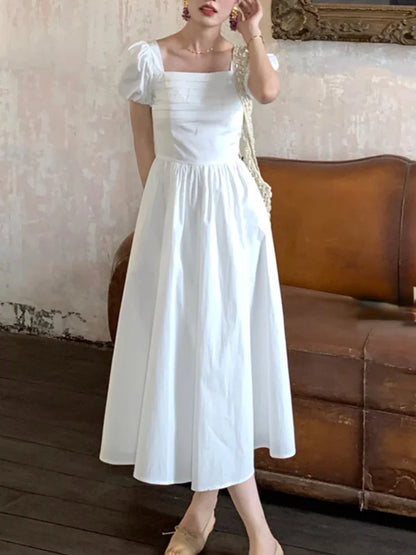 liwuka White Sweet Elegant Fairy Dress Women Puff Sleeve Folds Design Midi Dress Female Korean One Piece Dress Party 2024 Summer Casual