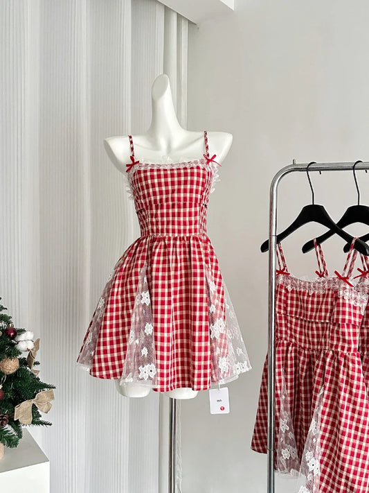 liwuka Sweet Red Plaid Mini Dress Women Elegant Y2k Vintage Lace Birthday Party Dress Summer Korean Fashion A-line One Piece Dress New