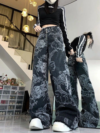 liwuka Women Dragon Print Jeans Black Gothic Baggy Vintage Aesthetic Cowboy Pants Harajuku Denim Trousers Y2k Trashy 2000s Clothes 2024