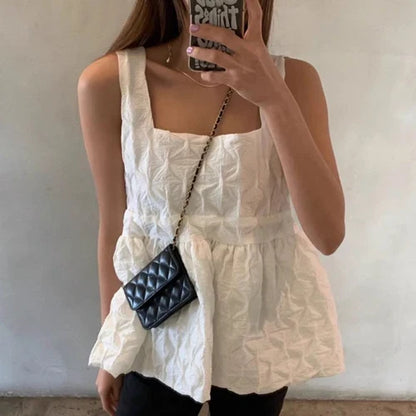 liwuka Folds Sleeveless Suspender Shirt for Women's Summer Sweet Simple Blouse Women Loose Casual Solid Color Blusas Short Top