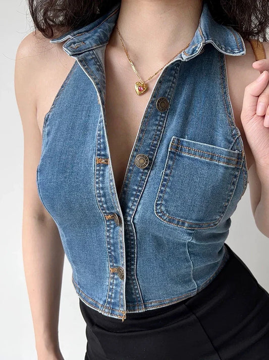 liwuka New Sexy Halter Backless Solid Color Basic Denim Women Tops American Summer Classic Single Breasted Fashion Vintage Female Vest