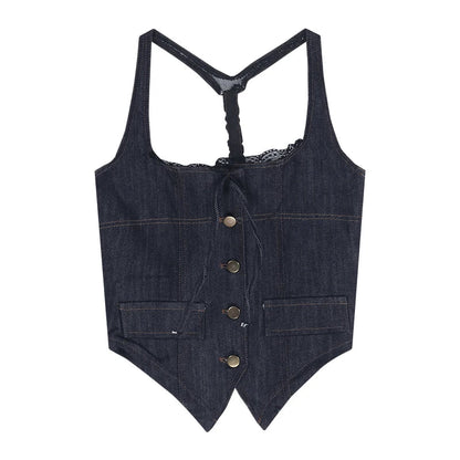 liwuka 2024 Summer New High Street Casual Pleated Denim A-line Skirt Women + Lace Splicing Backless Sexy Camisole Two-piece Suit