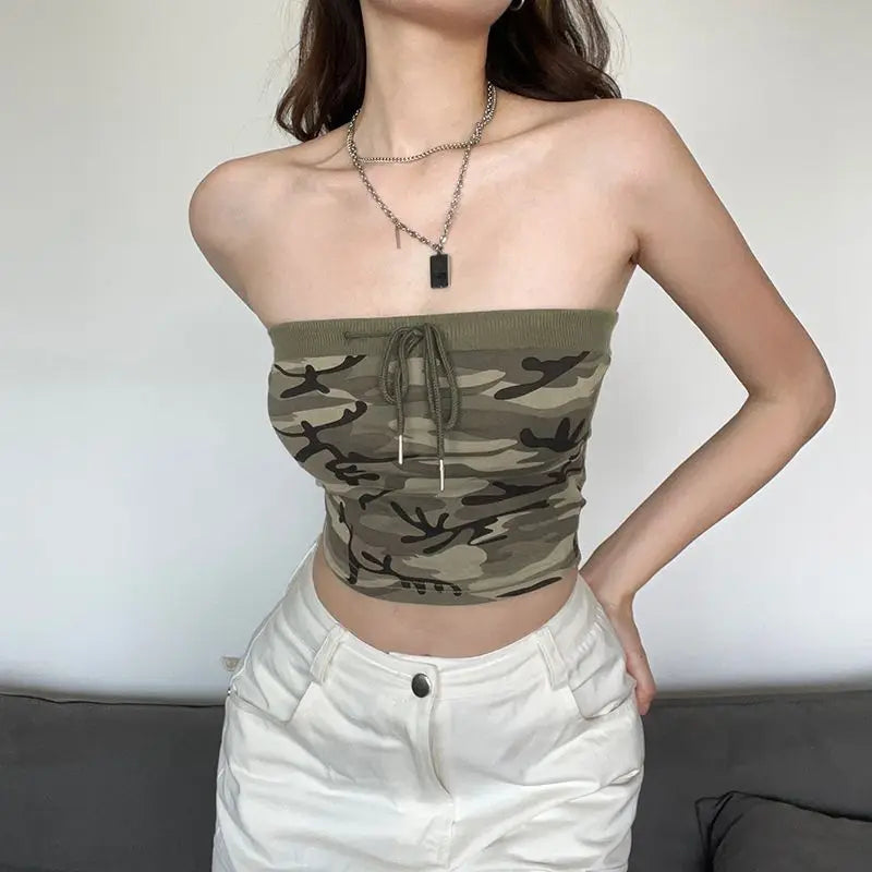 liwuka Sexy Women Streetwear Camouflage Tanks Summer Fashion Vest Lace Up Off Shoulder Female Clothing Casual New Sleeveless Crop Tops