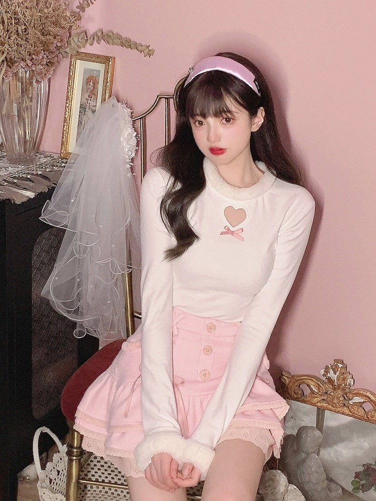 Japanese Pink Sweet Lolita Blouse Women Winter Warm Kawaii Knitted Blouse Female Long Sleeve Tops Korean Style Clothing  New