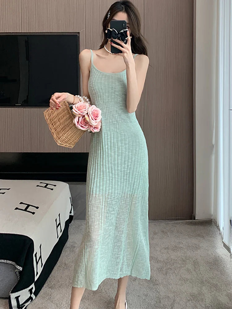 liwuka Summer Green Knitted Bodycon Sling Long Dress Women Fashion Casual Birthday Dress 2024 Korean Vintage Elegant Party Night Dress