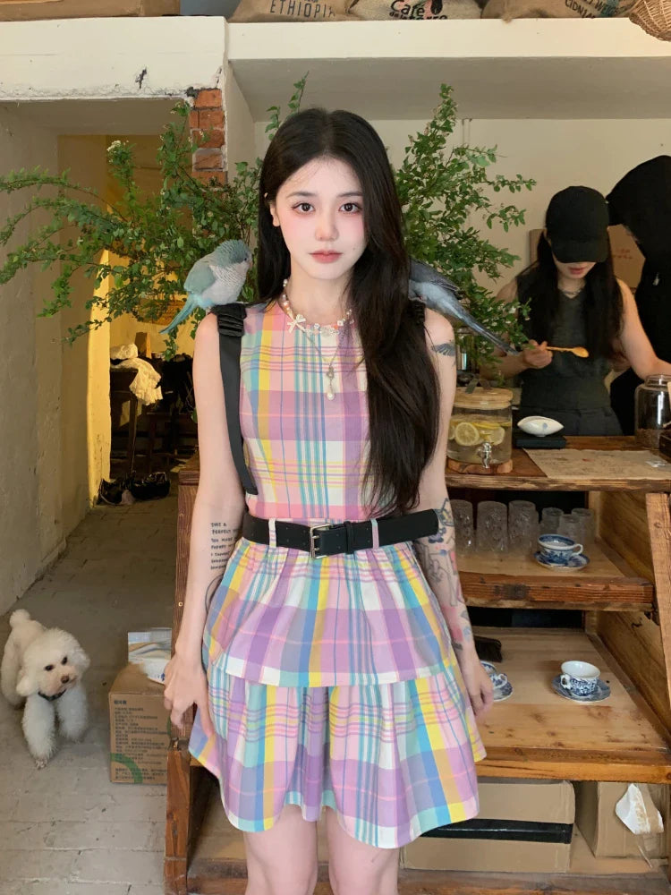 liwuka Summer Japanese Kawaii Plaid Dress Women Casual Sleeveless Even Party Y2k Korean Fashion Lolita Style Vintage Cake Dress