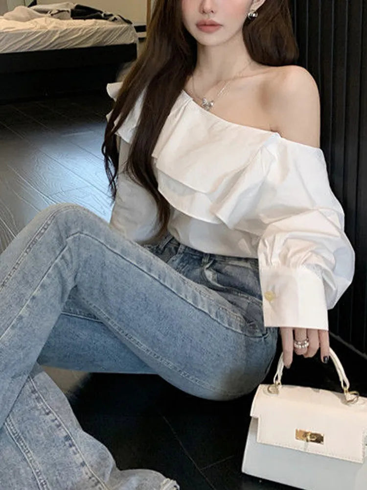 liwuka Korean Fashion White Shirts Women Spring Long Sleeve Slash Neck Casual Blouses Elegant Off Shoulder Ruffles Ladies Tops Blusas