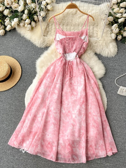 liwuka Women Pink Beach Dress Summer Sleeveless Hollow Out High Waist A-line Floral Printing Chiffon Dresses Ladies Casual Long Robe