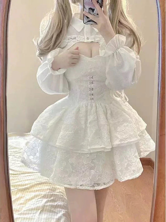 liwuka Japanese Kawaii Lolita Dress Women Elegant Sweet Lace Ruffles White Strap Dresses Sexy Korean Fashion Birthday Party Fairy Dress