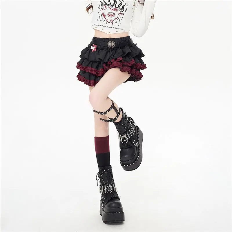 liwuka Y2k Gothic Mini Skirts Women Punk Vintage Sexy Ruffle Skirt Harajuku Layered Patchwork Grunge A-line Short Skirt Street