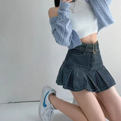 liwuka Denim Pleated Mini Skirt Vintage Sexy High Waist A-line Belt Women Embroidery Jean Short Skirt Summer Japanese Y2k