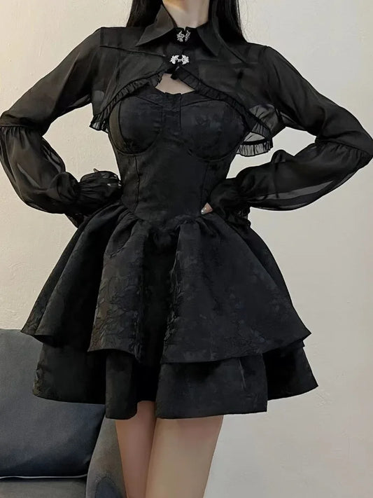 liwuka Black Sexy Lolita Dress Women Gothic Vintage Mini Dresses Harajuku Long Sleeve Fairy Two-piece Dresses Party Dress Sets