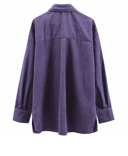 liwuka Corduroy Purple Top Button Up Women Shirts Long Sleeve Turn Down Collar Oversized Loose Outerwear Spring Blouse