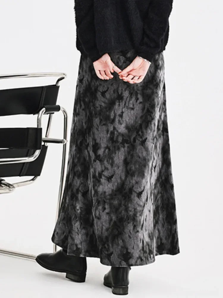 liwuka Women Black Gothic A-line Long Skirt Vintage Y2k Skirt Harajuku Korean Streetwear Tie-Dyed Skirts 2000s Goth Clothes Autumn 2024