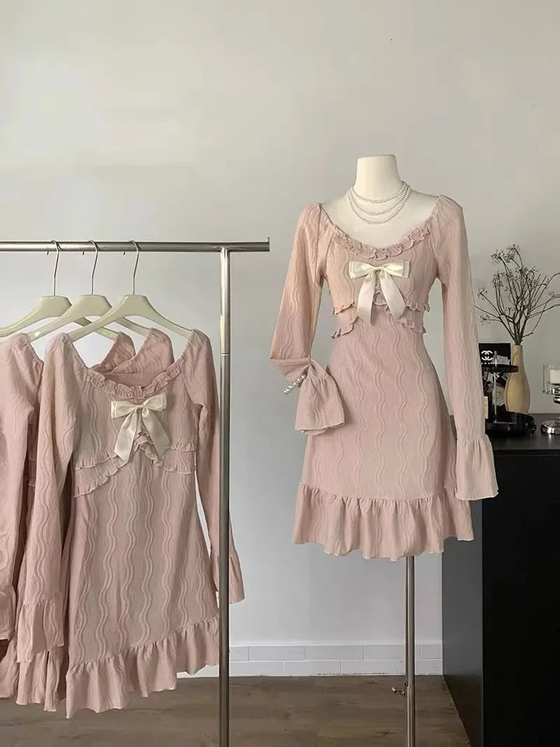 liwuka Pink Sweet Slim Y2k Mini Dress Woman French Elegant Flare Sleeve Dress Party Casual One Piece Dress Korean Fashion 2024 Summer