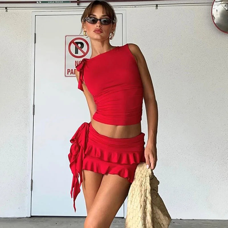 liwuka Red Skirt Set Sleeveless Round Neck Open Umbilical Small Tank Top Slim Fit Wooden Ear Edge Wrapped Hip Skirts Suit