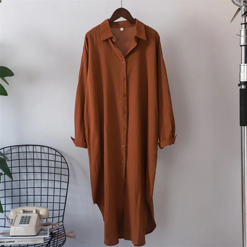 liwuka Long Dresses for Women Cotton Oversized Big Shirt Dress Long Sleeve Turn Down Collar Fashion Ladies Casual Loose Dress