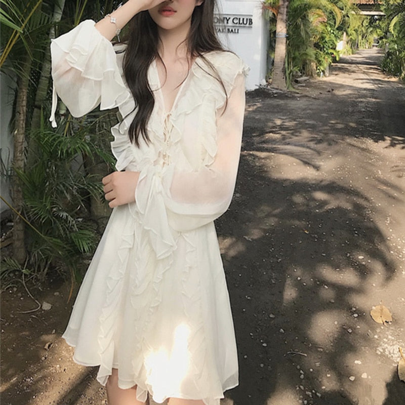 liwuka  Women Summer Fairy V Neck White Dress Mini Female Sweet Ruffles Casual Clothes Boho Short Chiffon Elegant Holiday Beach Dresses