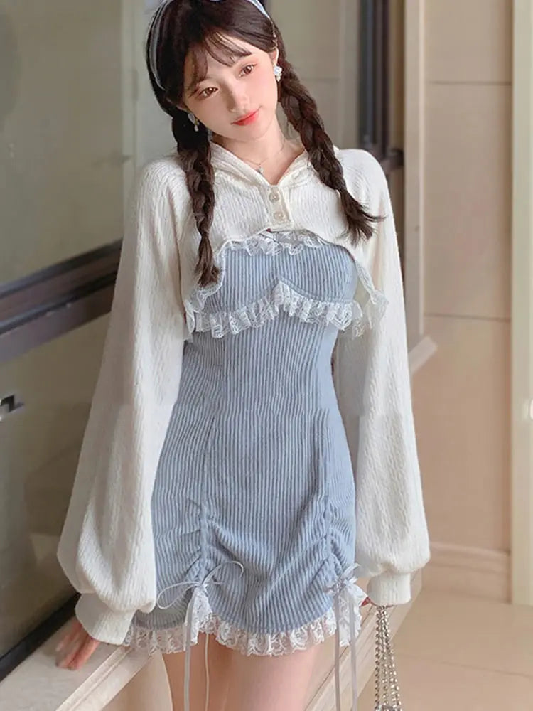 liwuka Lolita Dress Women Lace Japanese Sweet Bow Mini Dresses Pink Kawaii Party Female Blue Princess Korean Fashion Dressees Vestidos