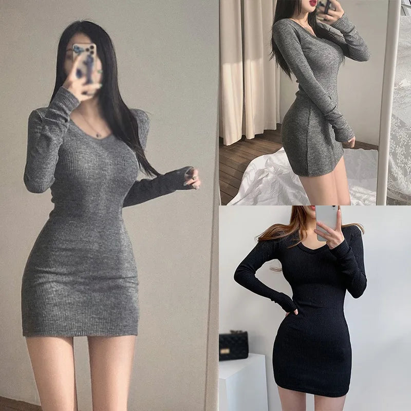 liwuka Women Sweater Dress Knit Bodycon Dress V-Neck Long Sleeve Slim Sexy Dress Autumn Solid Color Casual Dresses Lady Mini Dresses