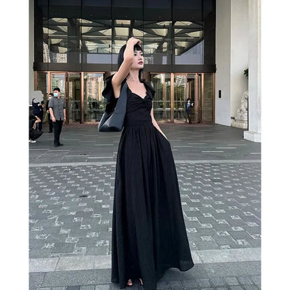 liwuka Korean Fashion Flying Sleeves Bow Hepburn French Retro Dress Summer Solid High Grade Black Dress Female Clothing