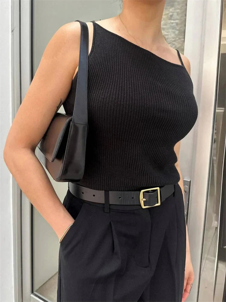 liwuka Black Fashion Ribbed T-shirt Top For Women Pullover Spaghetti Casual Patchwork Sleeveless Summer 2024 Slim Body Top Female