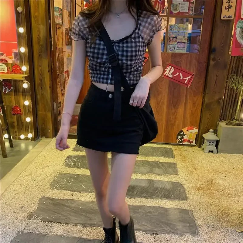 liwuka 2024 Summer Plaid Tshirts Women Retro Sexy Shirt Casual Lace Tees Puff Sleeve 2000s Vintage Y2k Crop Tops Female Korean Fashion