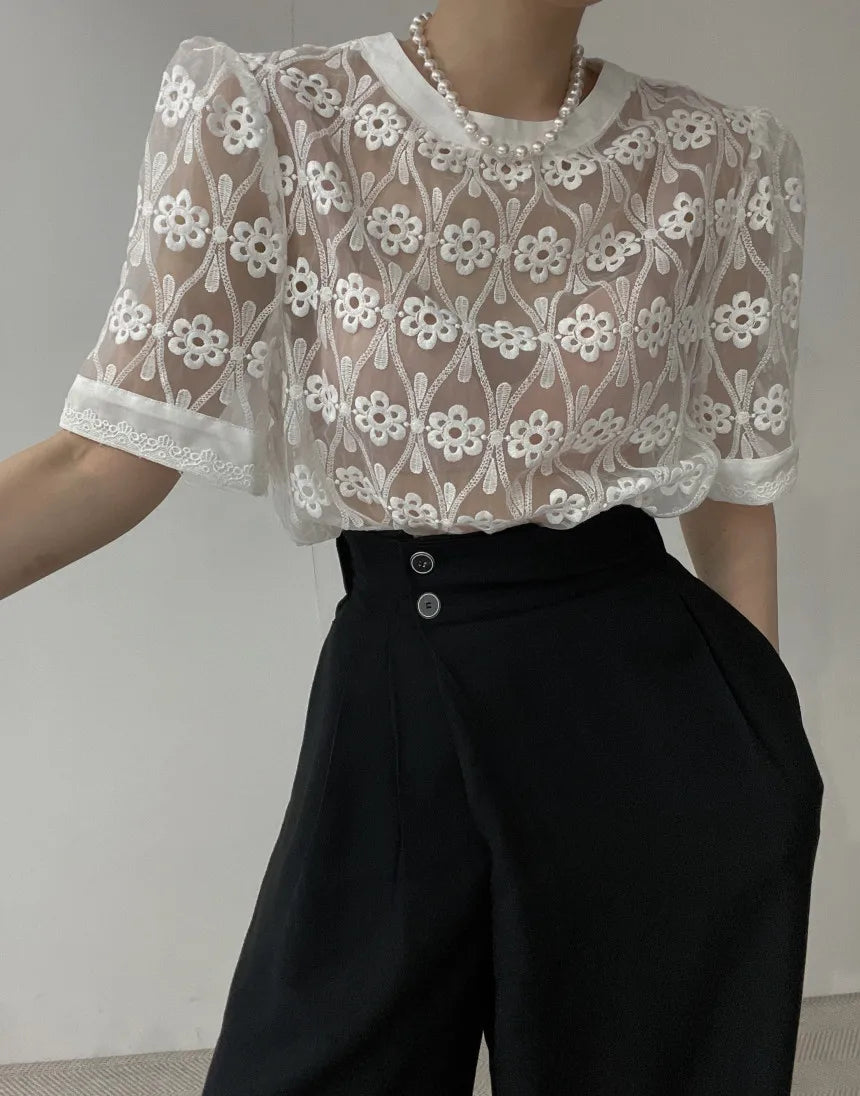 liwuka Puff Sleeve Woman Shirt Summer French Round Neck Blouses Women Embroidery Hook Flower Loose Perspective Blusa Feminina