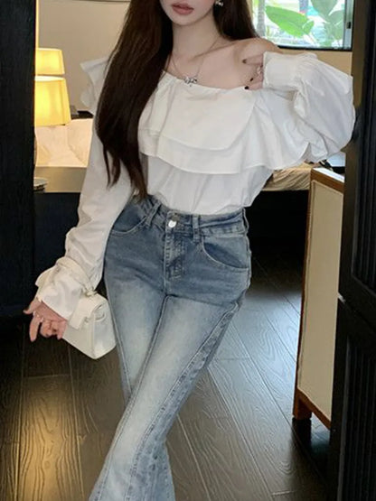 liwuka Korean Fashion White Shirts Women Spring Long Sleeve Slash Neck Casual Blouses Elegant Off Shoulder Ruffles Ladies Tops Blusas