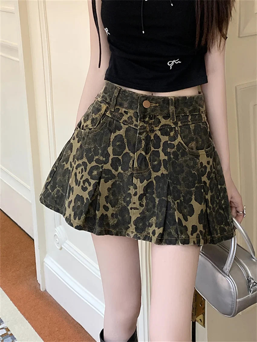 liwuka  2024 A-line Pletaed Mini Skirts Women Chic Casual Denim High Waist Printed Vintage Daily New Slim Summer Office Lady