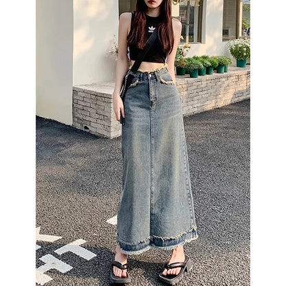 liwuka Summer New High Waist Vintage Ragged Edge Denim Skirt Women's Button Zipper Pockets A-line Slim Fashion Mid Length Denim Skirt