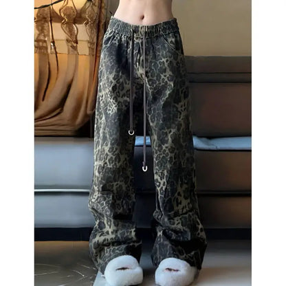 liwuka Vintage Baggy Leopard Jeans Woman Spring Streetwear Gyaru Harajuku Wide Denim Pants Casual Trashy Y2k Loose Trousers