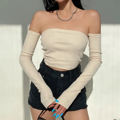 liwuka Female Crop Tops T-shirts, Solid Color Boat Neck Off Shoulder Sexy Tops Pullover with Long Sleeves for Summer Club Wear