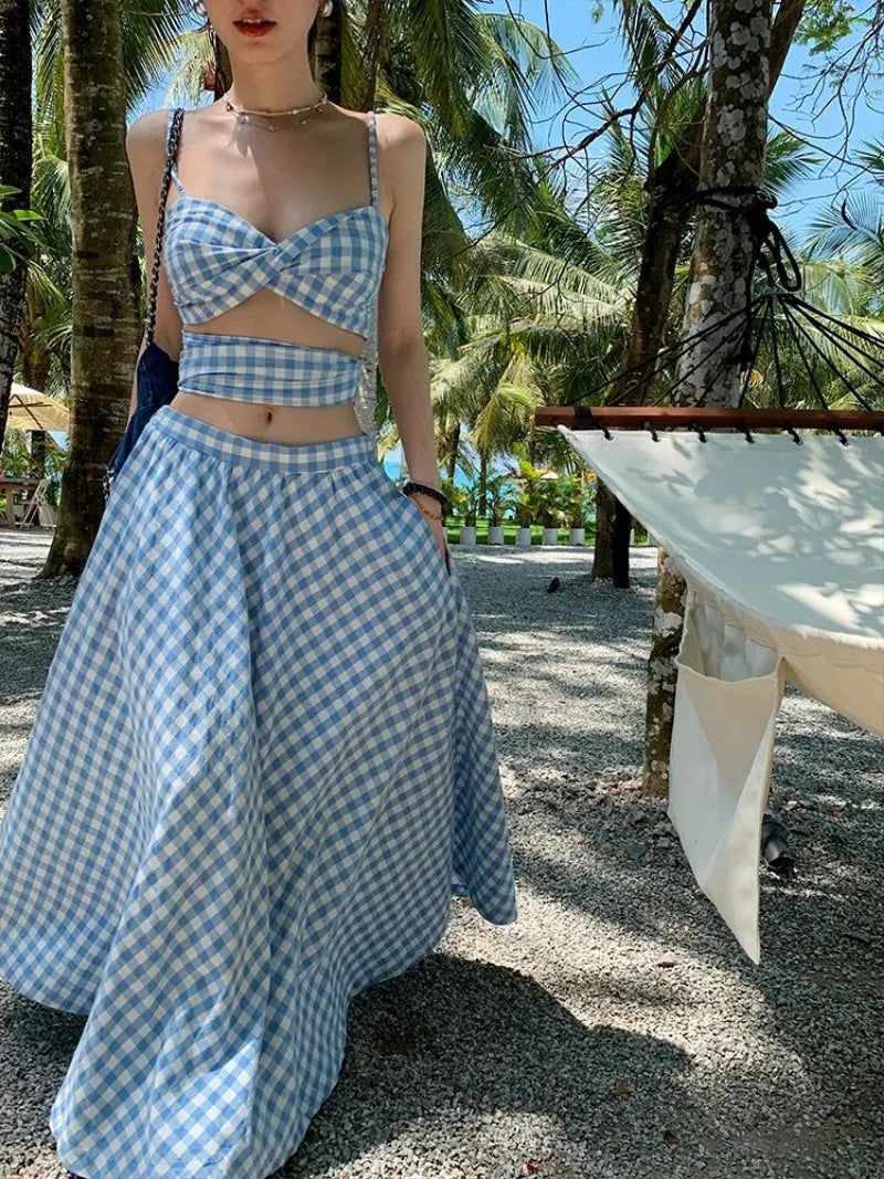 liwuka New Suspender Strapless Vacation Style Blue White Checkered Vest Women's Summer Skirt Two-piece Set Female Clothing