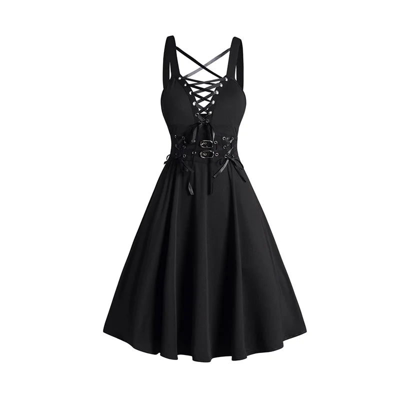 liwuka Women Gothic Dress Lace Up Buckle Strap Crisscross Plunging Neck High Waisted A Line Mini Dress Summer Dresses