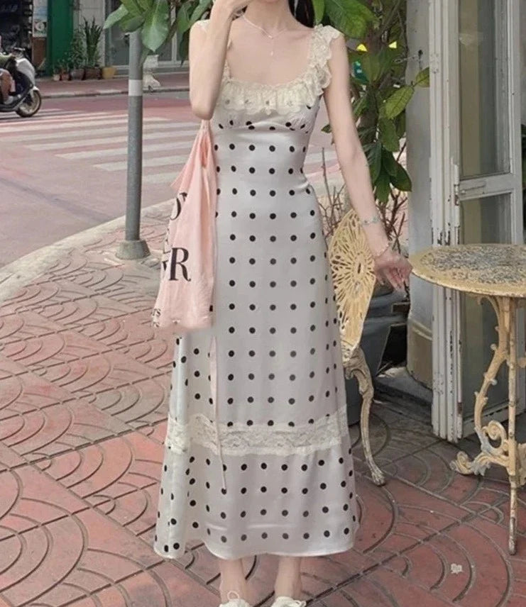 liwuka Vintage Elegant Polka Dot Lace Midi Dress Women Casual Y2k Beach Style Sleeveless Vestidos Summer Fashion Female Clothing