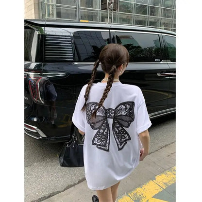 liwuka 2024 New Arrival Summer Women All-matched Casual Short Sleeve O-neck Tops Tees Korean Style Bow Print Loose Cotton T-shirt V978