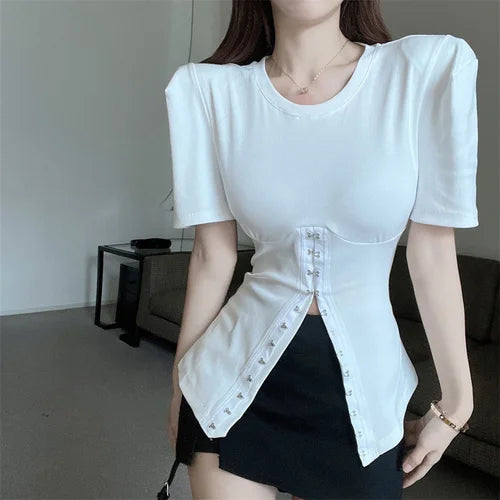 liwuka Puff Short Sleeve T-shirt Women Summer Slim Split T-shirts for Women White Top Round Neck Simple Basic Thirt Shirt Femme