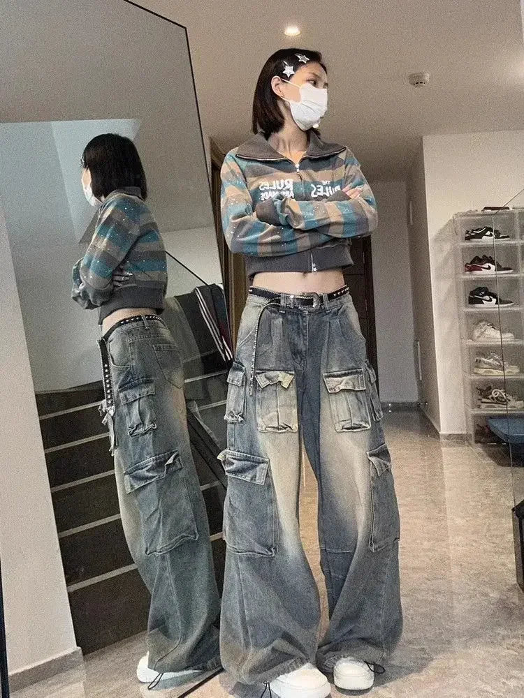 liwuka Y2k Low Waist Cargo Jeans Women Vintage High Street Baggy Denim Pants with Pockets Female Wide Grunge Baddie Streetwaer