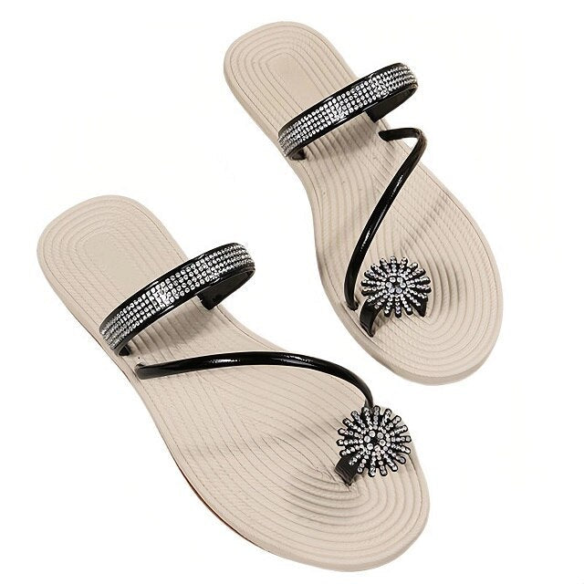 liwuka Flat Sandals for Women Dressy Summer Sparkly Rhinestone Slide Beach Shoes Women's Dress Shoes Bling Trendy Ladies Sandals