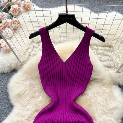 liwuka Women Dress Sexy V-neck Slim Elastic Ribbed Knitted One Piece Bodycon Dress Streetwear Lady Vestidos