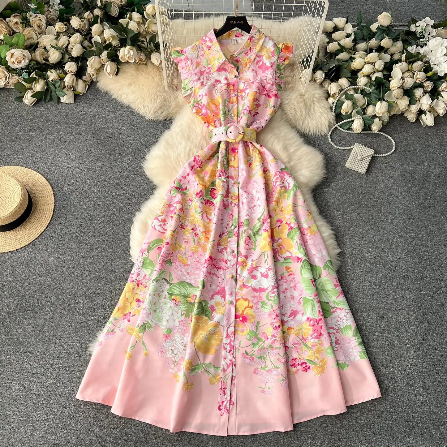 liwuka New Fashion 2024 Summer Holiday Long Dress Women's Gorgeous Sleeveless Turn Down Neck Floral Print Belt Robe Beach Vestidos