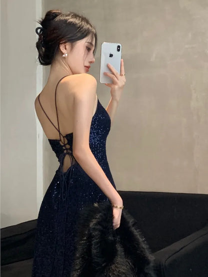 liwuka Sexy Backless Evening Party Dresses for Women V-Neck Split Slim Spring Summer Luxury Maxi Dress Prom Robe Birthday Vestidos New