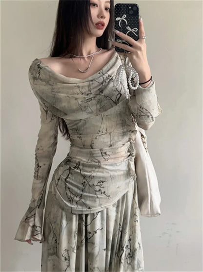 liwuka Elegant Slash Neck Blouses Women Tie-Dying Long Skirts 2024 Gentle Elegant Office Lady Spring Printed Florals Suits